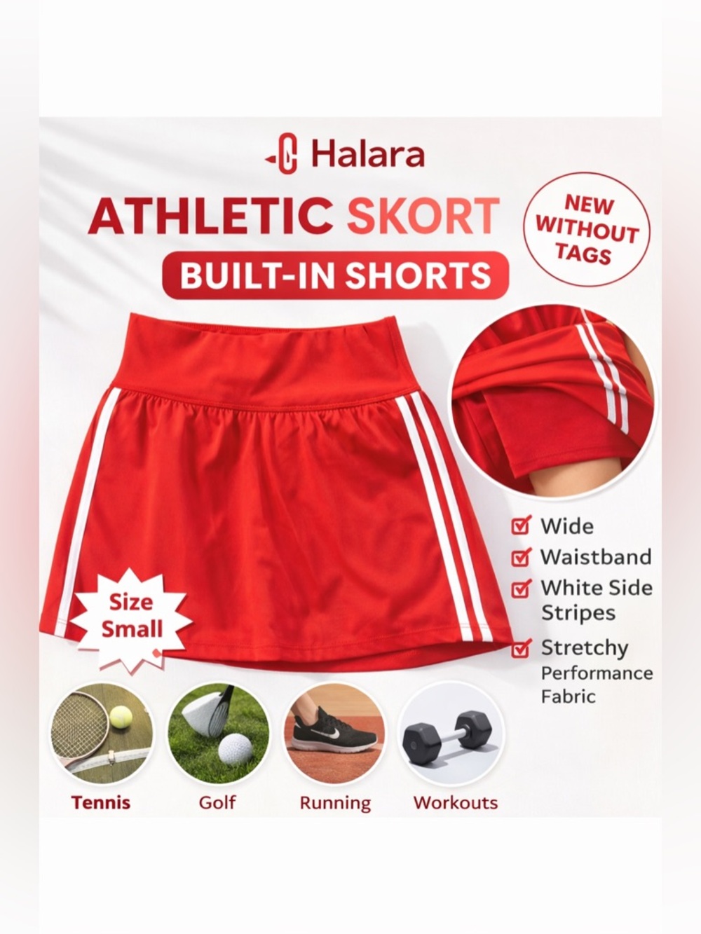 Halara Red Athletic Skort‎ Built-In Shorts Side Stripe Tennis Golf Small NWOT